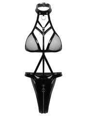 Balck Bandage PU Latex Leather Mesh Bodysuit Sexy Lingerie