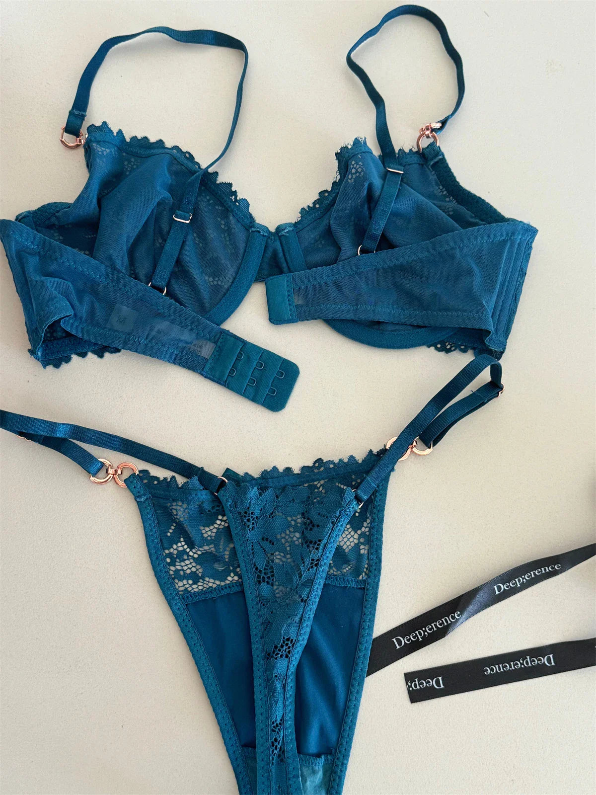 Charming niche satin treasure blue lingerie lace sexy thin steel ring top support gathered bra Set