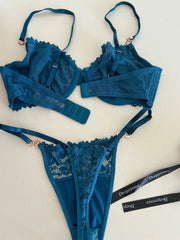 Charming niche satin treasure blue lingerie lace sexy thin steel ring top support gathered bra Set
