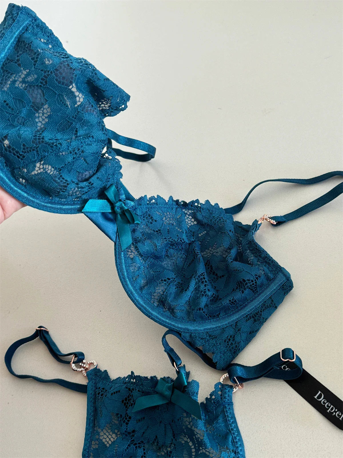 Charming niche satin treasure blue lingerie lace sexy thin steel ring top support gathered bra Set