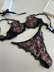 Charming satin leopard lingerie briefs suit women lace sexy thin steel ring top support gathered bra Set