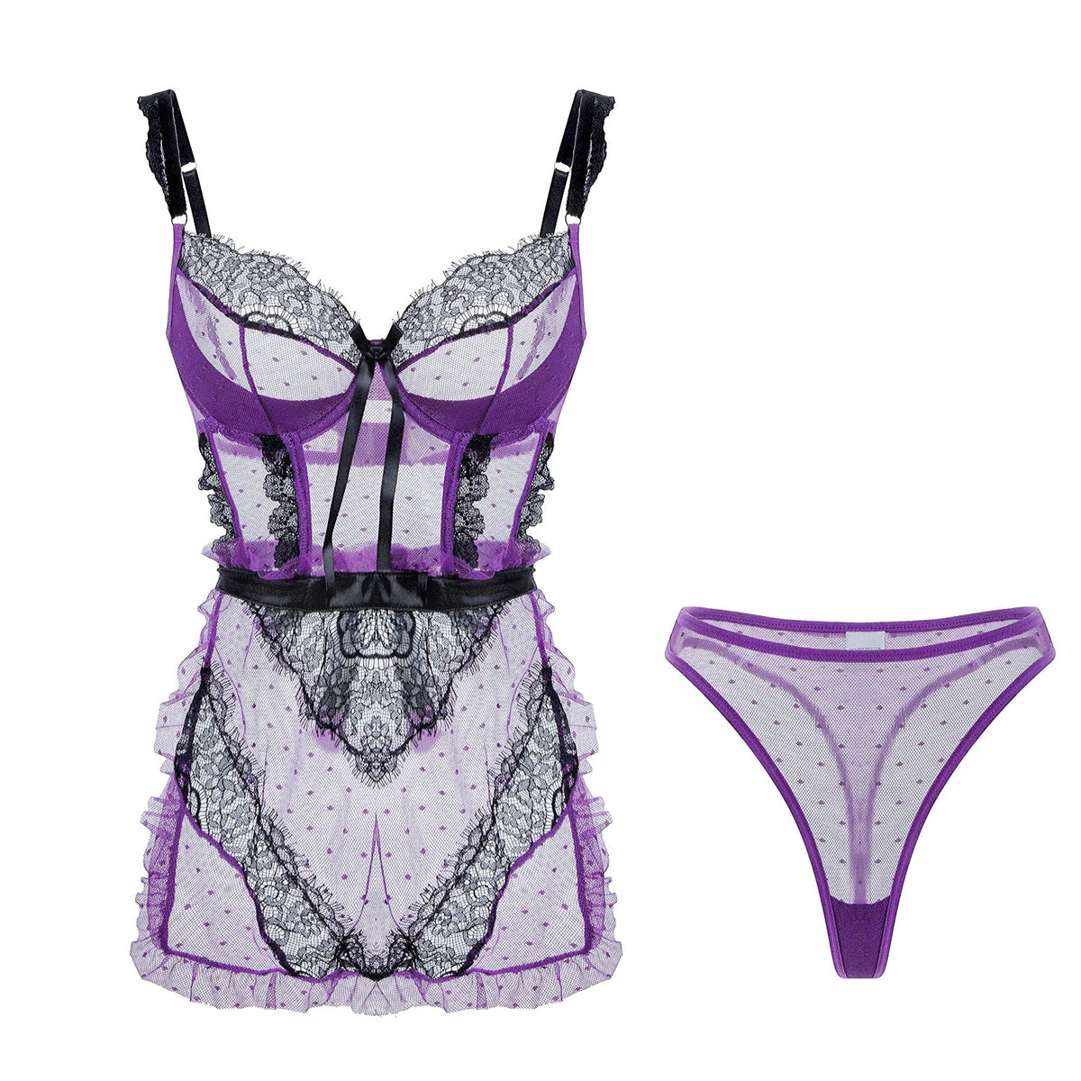 Color Clashing Lace Mesh Backless Lingerie Set