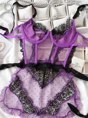 Color Clashing Lace Mesh Backless Lingerie Set