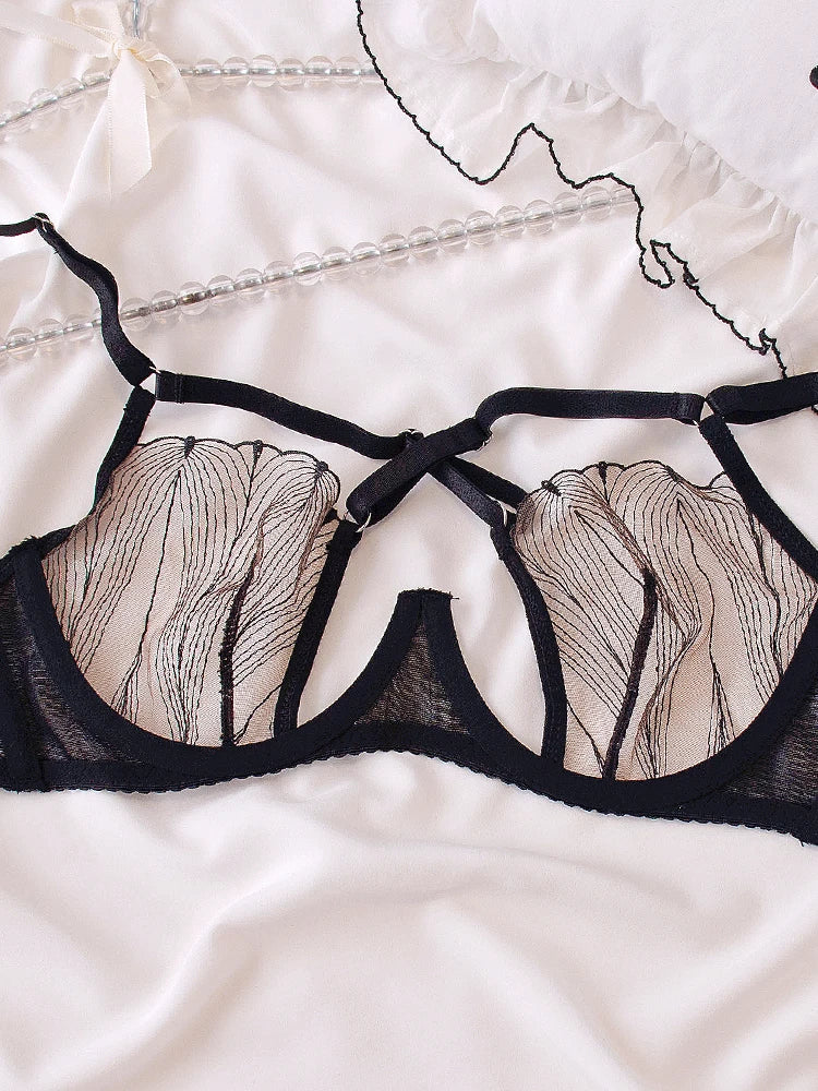 Cross Mesh Eyelash Lingerie Women Lace Steel Bra Hollow Out Underwear