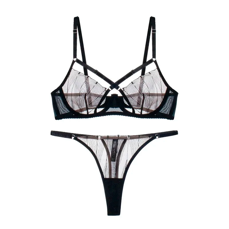 Cross Mesh Eyelash Lingerie Women Lace Steel Bra Hollow Out Underwear