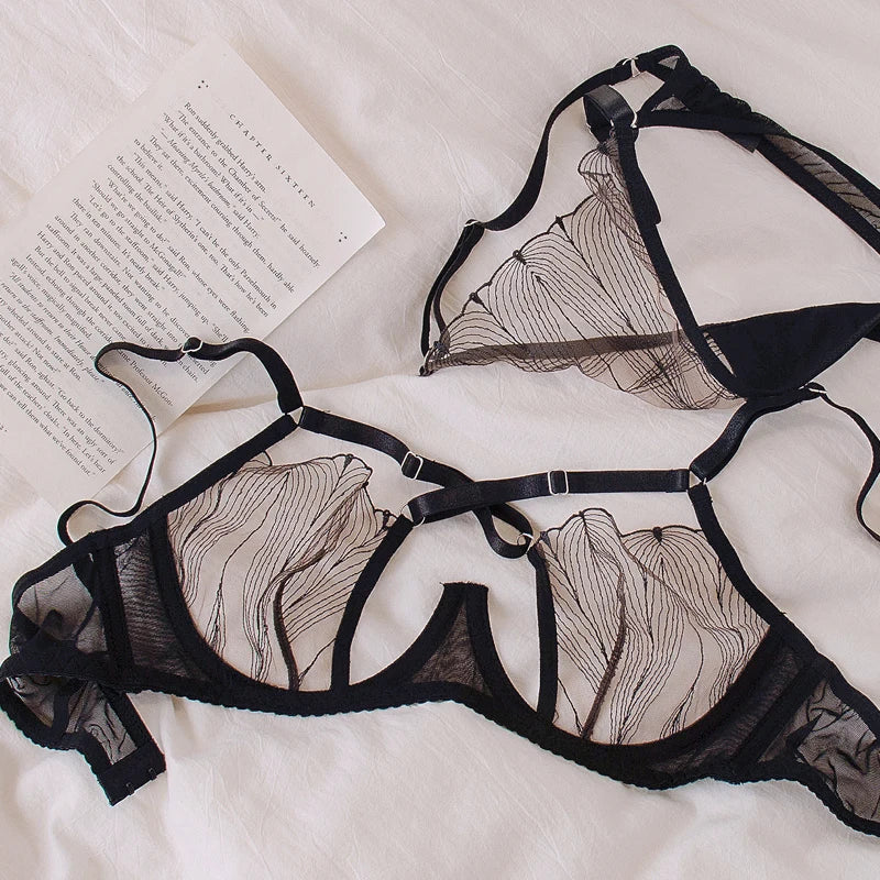 Cross Mesh Eyelash Lingerie Women Lace Steel Bra Hollow Out Underwear