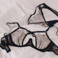 Cross Mesh Eyelash Lingerie Women Lace Steel Bra Hollow Out Underwear