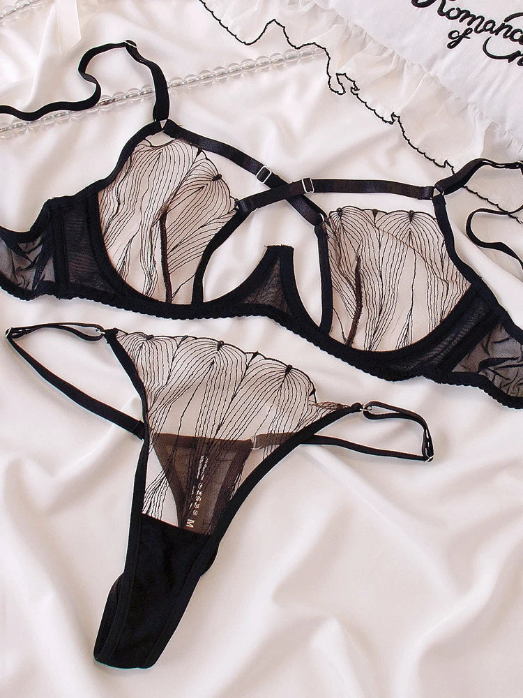 Cross Mesh Eyelash Lingerie Women Lace Steel Bra Hollow Out Underwear