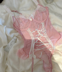 Cross Strap Gathering Top Lingerie Support Nightgown Women One-piece Lace Bow Pure Lust Underwear