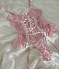 Cross Strap Gathering Top Lingerie Support Nightgown Women One-piece Lace Bow Pure Lust Underwear