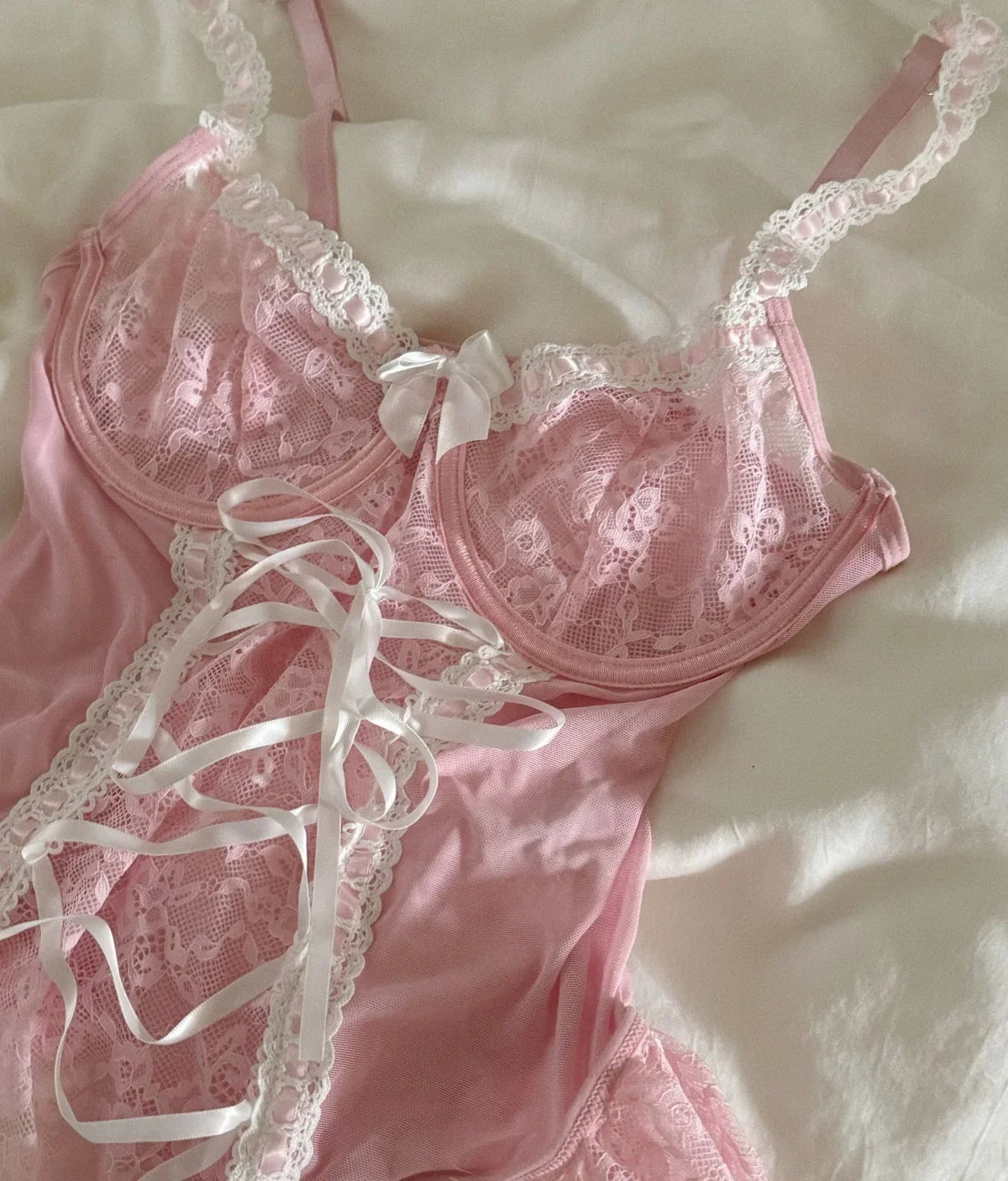 Cross Strap Gathering Top Lingerie Support Nightgown Women One-piece Lace Bow Pure Lust Underwear