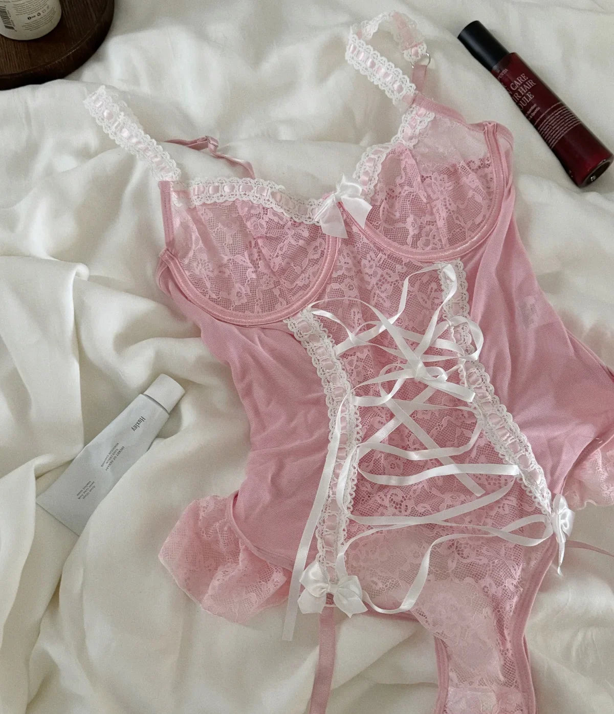 Cross Strap Gathering Top Lingerie Support Nightgown Women One-piece Lace Bow Pure Lust Underwear