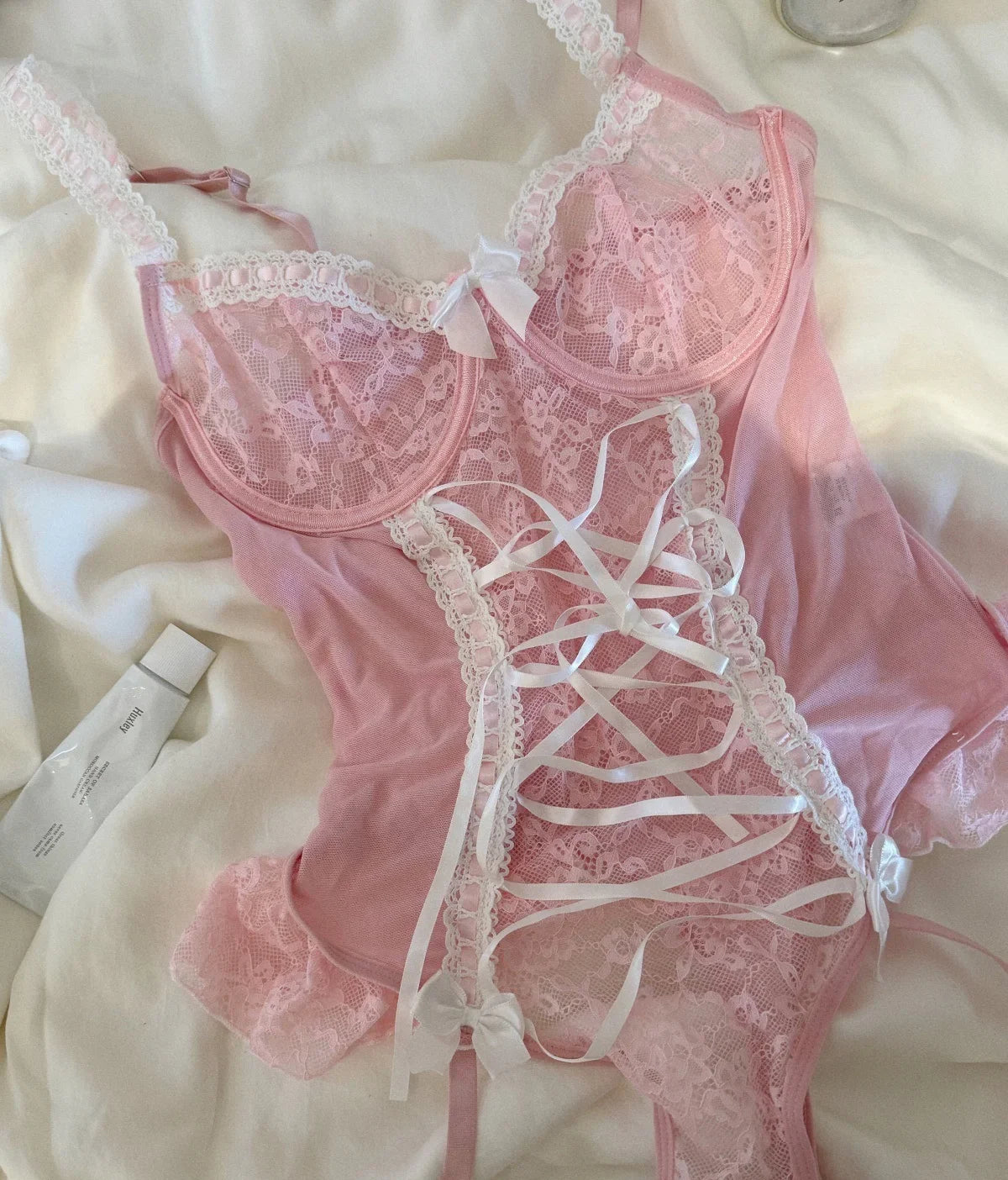 Cross Strap Gathering Top Lingerie Support Nightgown Women One-piece Lace Bow Pure Lust Underwear