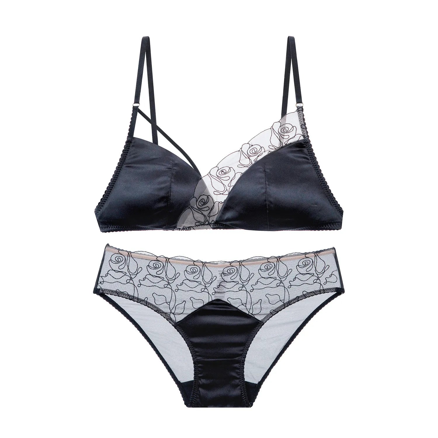 Dark Night Mocha ~ Court Satin French Lace Embroidery Unique Women's Bra Set