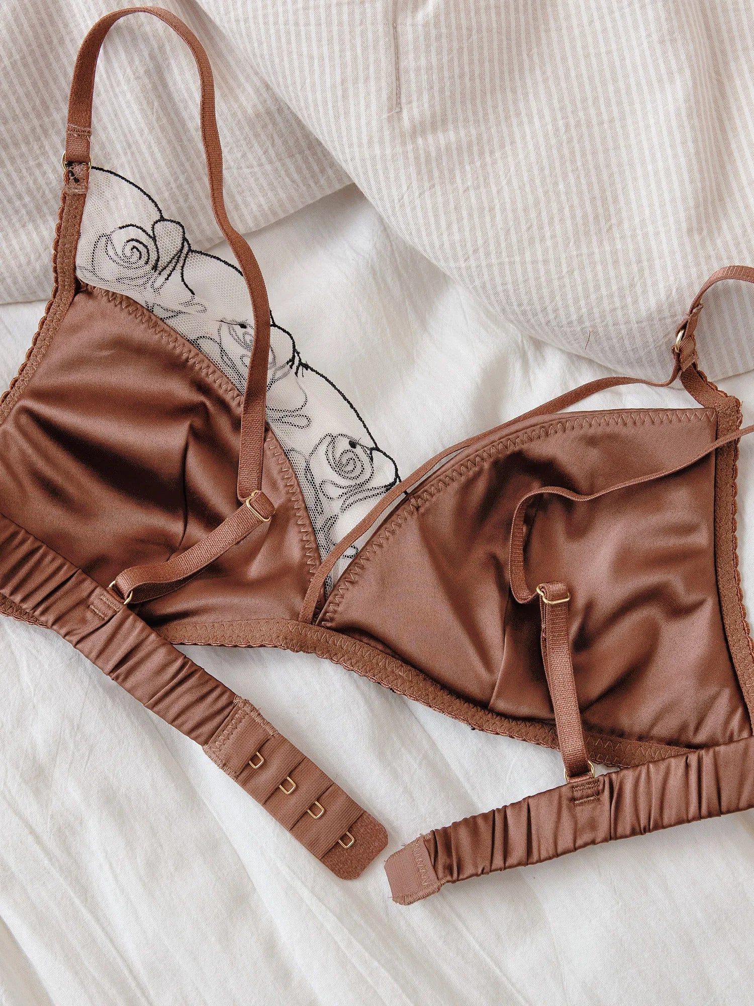 Dark Night Mocha ~ Court Satin French Lace Embroidery Unique Women's Bra Set