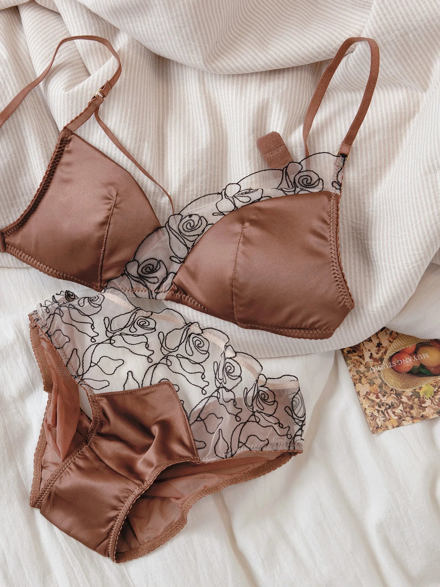 Dark Night Mocha ~ Court Satin French Lace Embroidery Unique Women's Bra Set