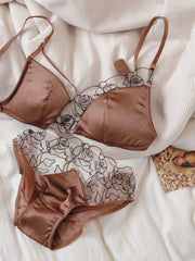 Dark Night Mocha ~ Court Satin French Lace Embroidery Unique Women's Bra Set