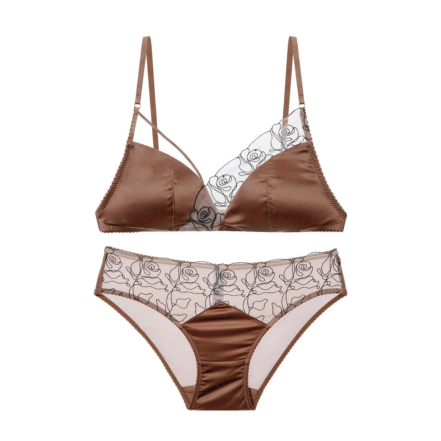 Dark Night Mocha ~ Court Satin French Lace Embroidery Unique Women's Bra Set