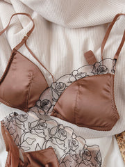 Dark Night Mocha ~ Court Satin French Lace Embroidery Unique Women's Bra Set