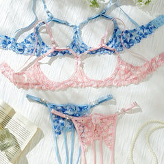 Embroidery color collision comfortable hollow thin cups women's erotic lingerie Set