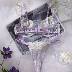 Embroidery color collision comfortable hollow thin cups women's erotic lingerie Set