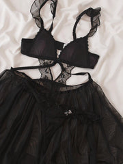 Embroidery comfortable hollow thin cups nightgown black camisole women's erotic lingerie Set