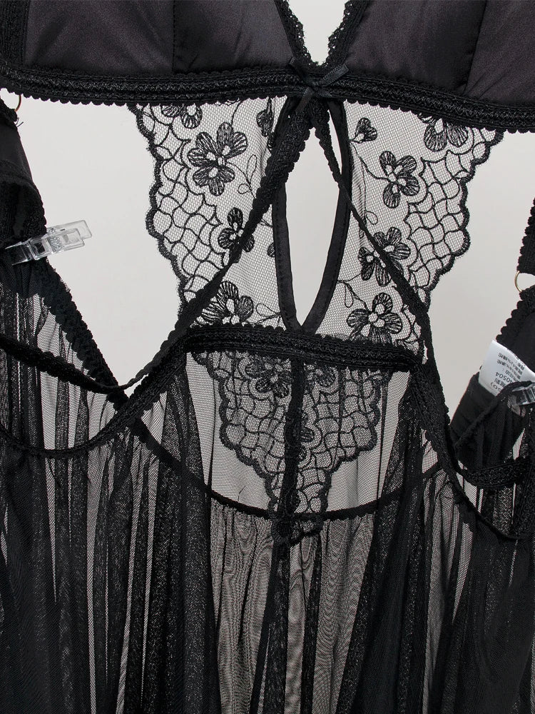 Embroidery comfortable hollow thin cups nightgown black camisole women's erotic lingerie Set
