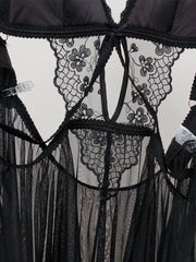 Embroidery comfortable hollow thin cups nightgown black camisole women's erotic lingerie Set