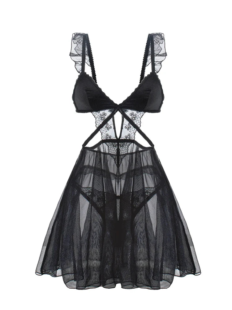 Embroidery comfortable hollow thin cups nightgown black camisole women's erotic lingerie Set