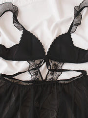 Embroidery comfortable hollow thin cups nightgown black camisole women's erotic lingerie Set