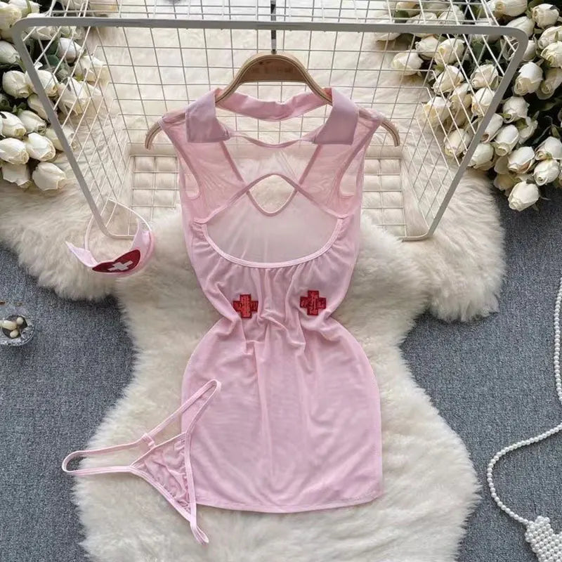 Erotic Transparent Cosplay Nurse Sexy Costumes Open Bra Mini Dress