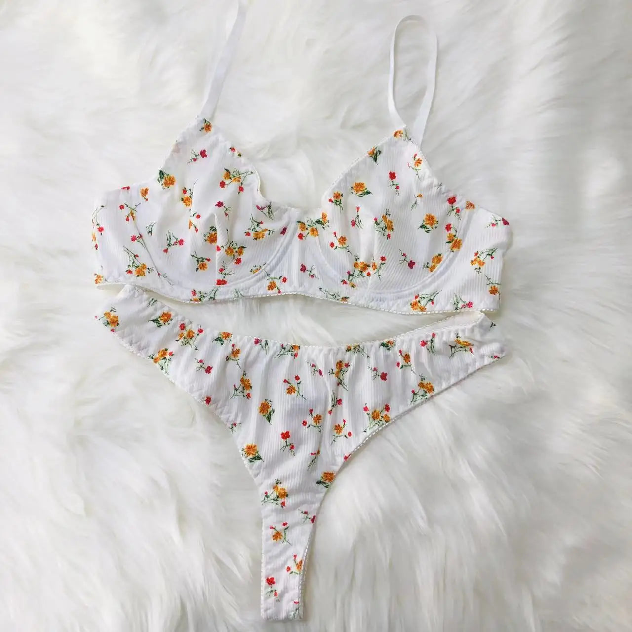 Erotic lingerie knitted bras sexy rustic style small broken flowers steel ring two pieces women Underwear