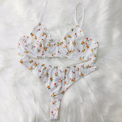 Erotic lingerie knitted bras sexy rustic style small broken flowers steel ring two pieces women Underwear