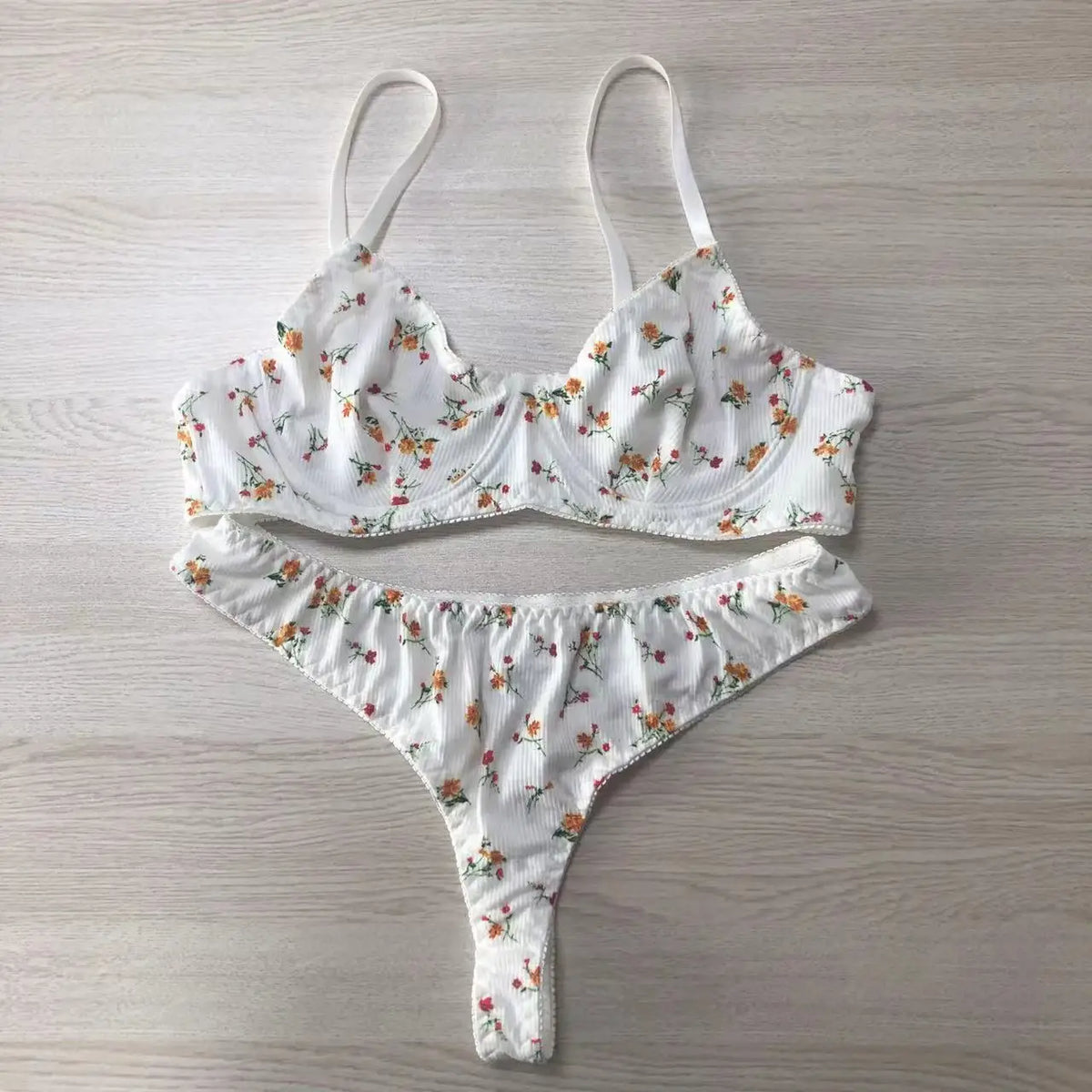 Erotic lingerie knitted bras sexy rustic style small broken flowers steel ring two pieces women Underwear