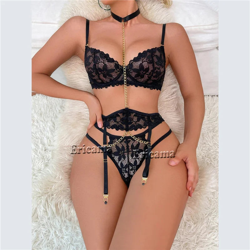 Floral Lace Garter Lingerie Set