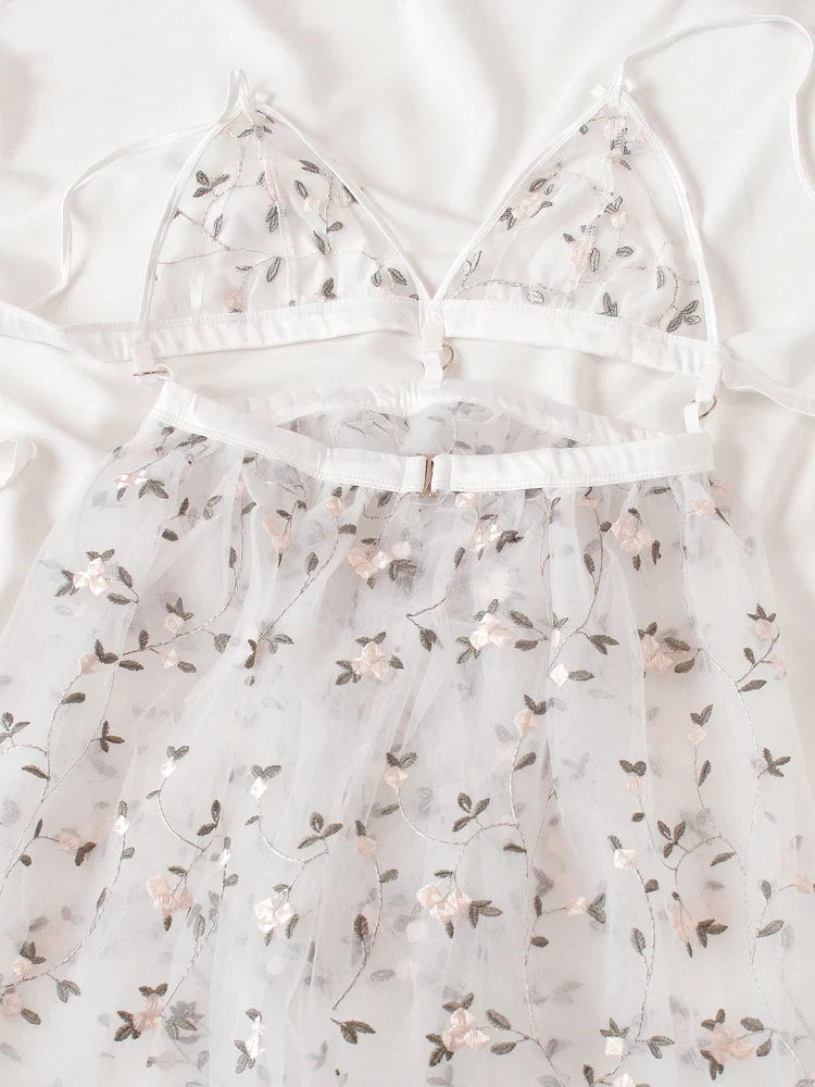 Floral Lace Patchwork Pajama Sling Nightgown Flower Fairy Sexy Embroidered Lingerie Sling Nightgown Panty Set