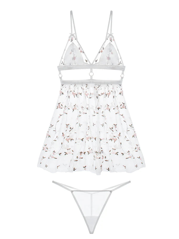 Floral Lace Patchwork Pajama Sling Nightgown Flower Fairy Sexy Embroidered Lingerie Sling Nightgown Panty Set