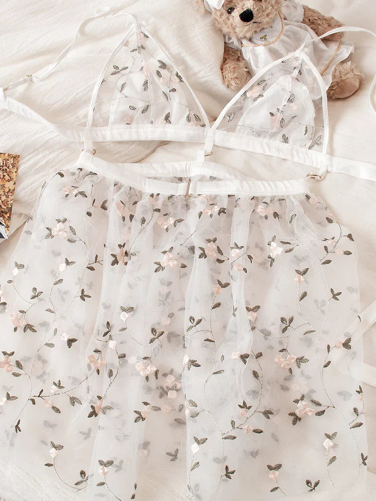 Floral Lace Patchwork Pajama Sling Nightgown Flower Fairy Sexy Embroidered Lingerie Sling Nightgown Panty Set
