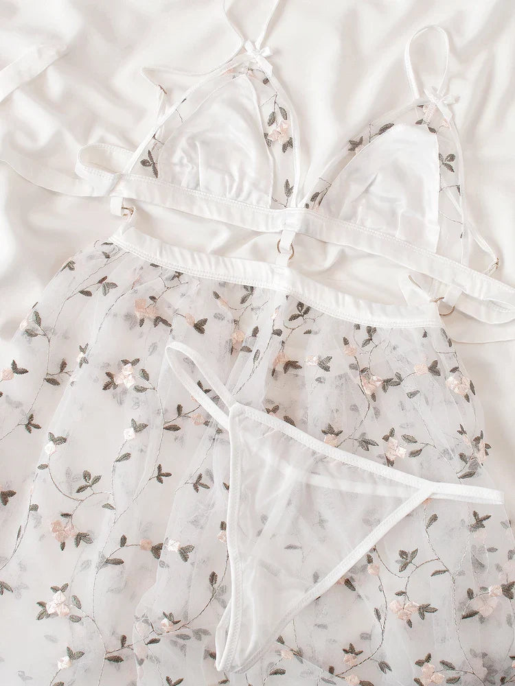 Floral Lace Patchwork Pajama Sling Nightgown Flower Fairy Sexy Embroidered Lingerie Sling Nightgown Panty Set