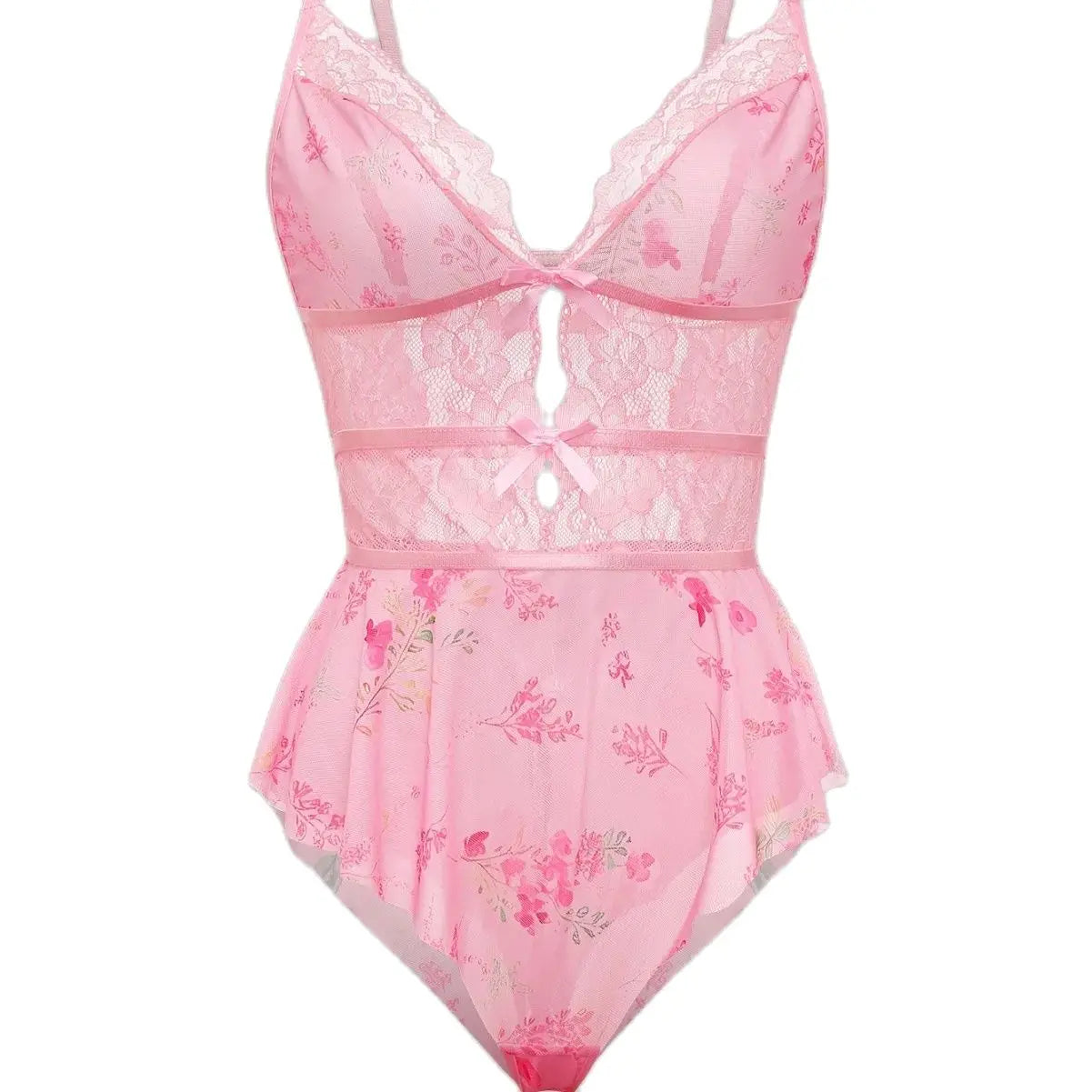 Floral Sheer Lace Deep V Bodysuits