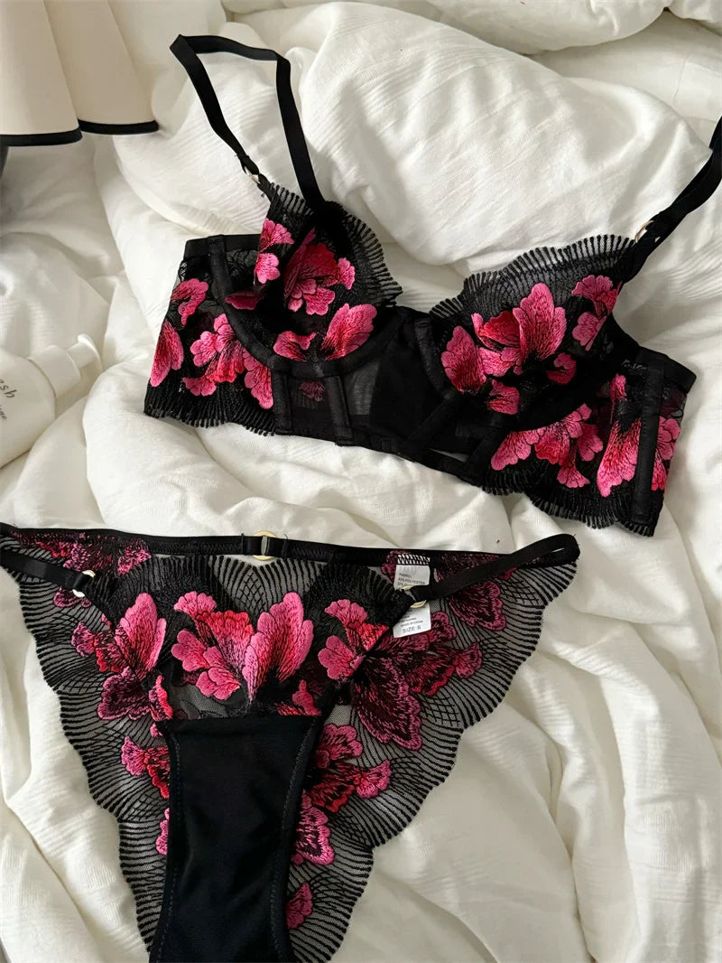 Floral thin breathable lingerie small breast temperament show small steel ring Underwear