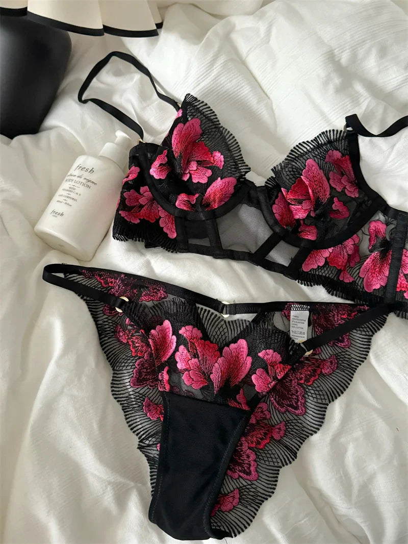 Floral thin breathable lingerie small breast temperament show small steel ring Underwear