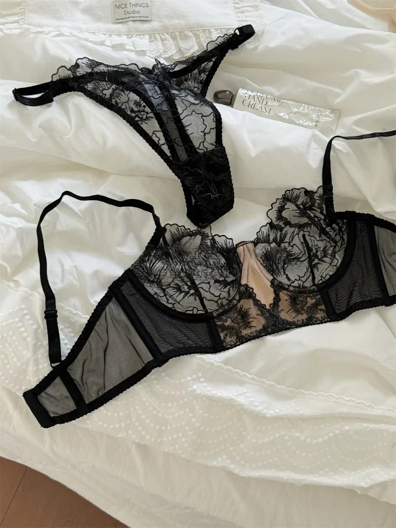 Flower embroidery sexy lingerie with briefs suit niche thin lace upturned bra panty Set
