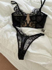 Flower embroidery sexy lingerie with briefs suit niche thin lace upturned bra panty Set