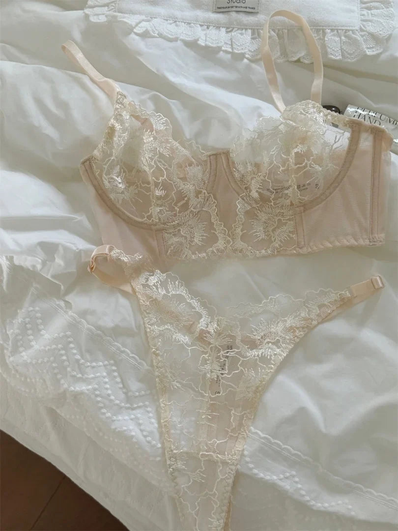 Flower embroidery sexy lingerie with briefs suit niche thin lace upturned bra panty Set