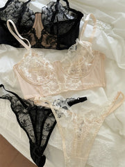 Flower embroidery sexy lingerie with briefs suit niche thin lace upturned bra panty Set