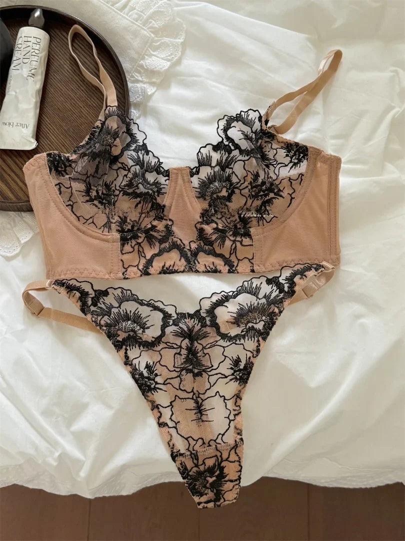 Flower embroidery sexy lingerie with briefs suit niche thin lace upturned bra panty Set