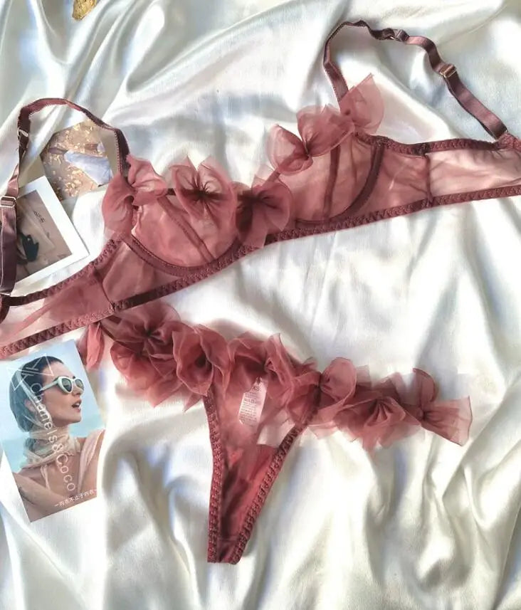 Flowery/sexy mesh lingerie thong Set