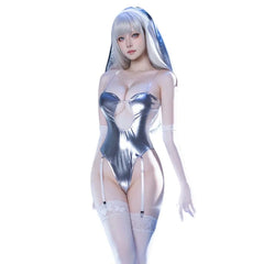 Future Virtual Sister Robot Cyber Nun Uniform Silver Bodysuit