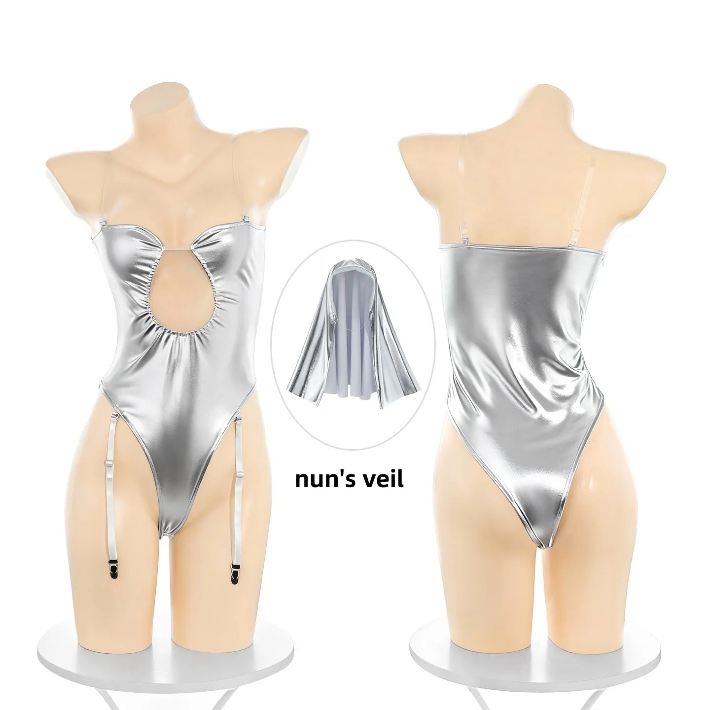 Future Virtual Sister Robot Cyber Nun Uniform Silver Bodysuit